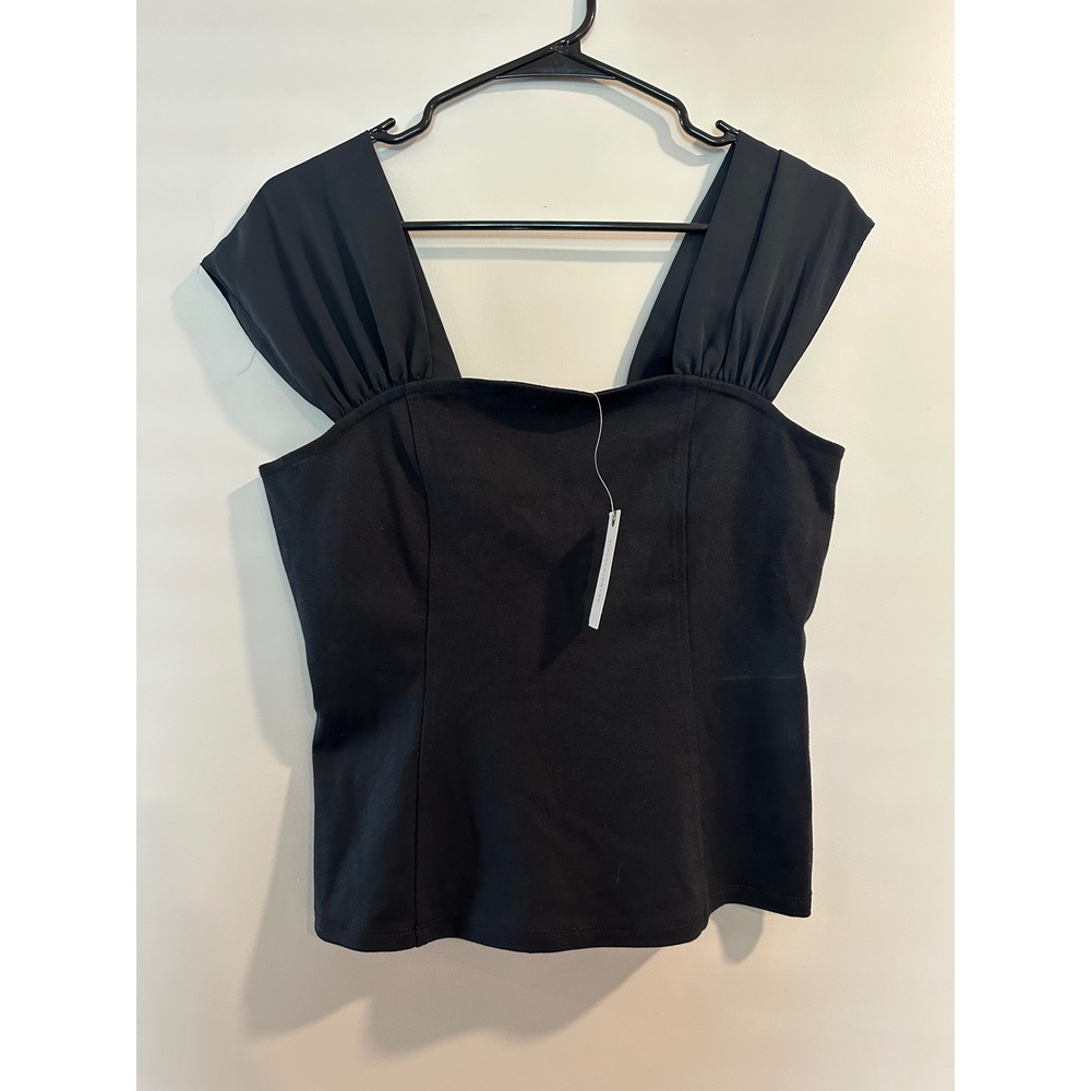 Anthropologie Meadow Rue Black Ruched Cap Sleeve Square Neck Top Size M NEW